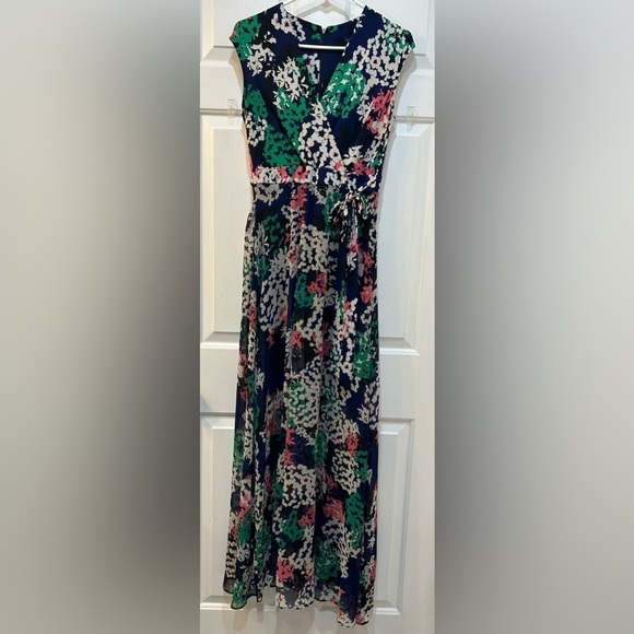 Just Taylor Faux Wrap Maxi Dress Navy Floral Sleeveless Sheer Overlay Lined Sz 2 - Picture 2 of 11